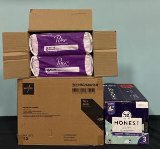 (2) Packages Poise Max Long Pads (42) Per Pack (1) Box of 50 Super Absorbant Underpads 36&rdquo;x36&rdquo; (1) Box Size 3 16-28 lbs Honest Brand 60 Diapers