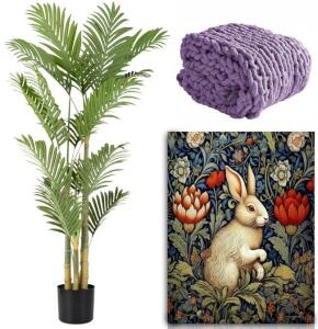 4Ft Faux Palm Tree, Soft Chunky Knitted Blanket (60&rdquo;x80&rdquo;) & Canvas Wall Art (23.5&rdquo;x16&rdquo;)