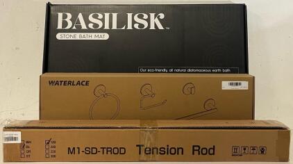 4 Pcs Bathroom Hardware Set (Brushed Nickel), Basilisk Stone Bath Mat & Tension Rod (Black)