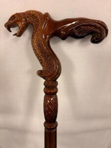 Hand Crafted Wooden Walking Cane Brown Mahogany Finish With Snake Head (Unknown Brand) 37&rdquo; Tall