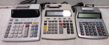 LOT Of (3) 10 Key Printing Calculators. (2) Canon [Models P23-DHV / P100-DH, (1) Sharp [Model EL-1801V]