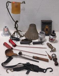 (2) Fishing Pole Holder, (2) Trailer Hitch Balls, Cool Custom Lamp, Original Mailbox, (2). Serving Ladles + More.