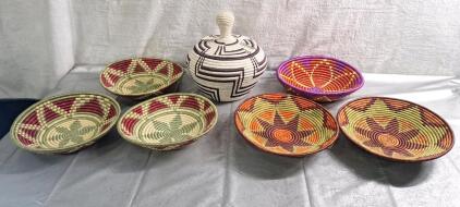 (1) Hand Woven Basket W/ Lid & (6) Assorted Hand Woven Baskets