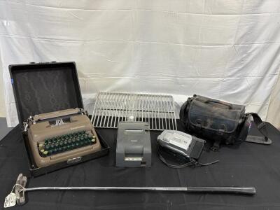 vintage 1950s Smith-Corona Sterling portable manual typewriter with a hard case. Panasonic Palmcorder VHS-C analog camcorder, model PV-L352D. Receipt Printers, vintage, right-handed golf putter, & more<br/><br/>