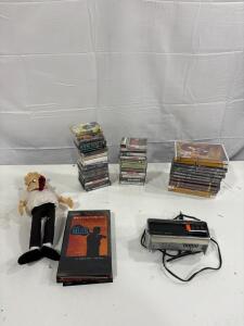 CompuChron Model 5920 Digital Alarm Clock, Serial 11810, Taiwan, Various DVDs, Various Cassets.