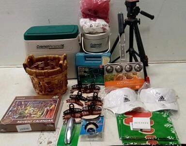 (2 Clean) Coleman Coolers. Camera Tripod. Wicker Basket. 2 (Adjustable) Adidas Hats. Tire Chains (Fits 13-15.) + More.