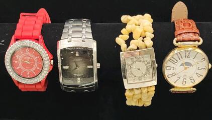 (1) Red Geneva Quartz Watch With Silicone Band and Rhinestone-Embellished Bezel (1) Armitron Men's Genuine Crystal-Accented Silver-Tone Stainless-Steel Watch (1) Vintage Wrangler Gold-Tone Quartz Moon Phase Watch(1) Silver Tone Dial Rectangle Case Yellow 