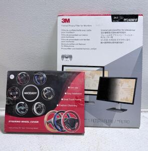 NICeasy Steering Wheel Cover, Black and Red, Anti Slip, Easy Installation & One GM 24&rdquo; Privacy Filter For Monitor