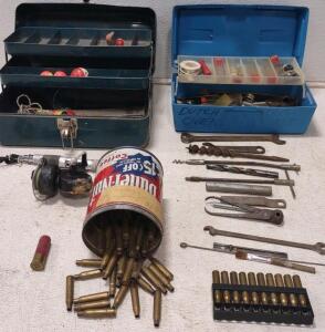 (71) 30-06 Brass Casings, (1) 2 3/4 #4 Shotgun Shell, Vintage Tackle Box, Tools, + More.