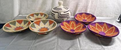 (1) Hand Woven Basket W/ Lid & (6) Assorted Hand Woven Baskets