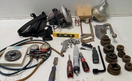 SkilSaw 7.25" Circular Saw (Model 576 / Turns On.) Manifold Guage Set. Paint Sprayer. Misc Hand Tools. + more.