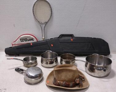Plano Field Locker Gun Case. (5) Assorted Camping Pots. Medium Skullys Cowboy Hat.