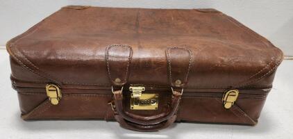 (1) Locked Vintage Midcentury Large Belting Leather Suitcase 24x19x8" Luggage