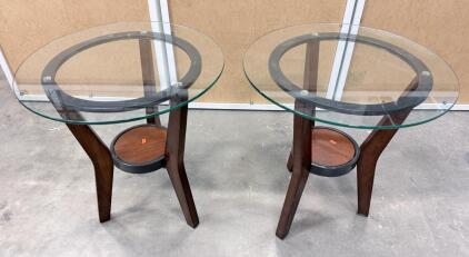 Pair of Round Glass Wood Side Tables, 24" Diameter, Modern Design