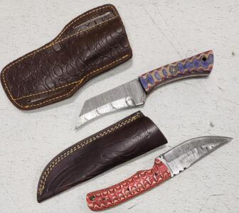 (2) Damascus Steel Fixed Blade Hunting Knives With Wood Handles And Sheaths