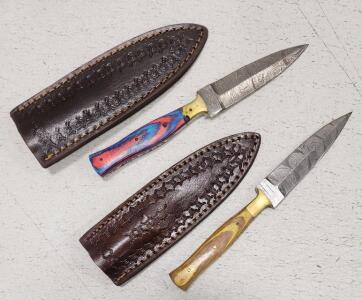 (2) Damascus Steel Double Sided Fixed Blade Knife With Wood Handles And Sheaths