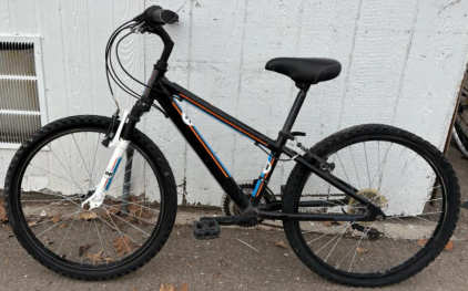 Mountain Bike, 26" Wheels, Front Suspension, Black with Orange and Blue Accents