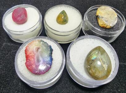 (5) Different Gemstone Cabochons In Gem Jars