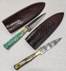 (2) Damascus Steel Double Sided Fixed Blade Knife With Wood And Resin Handles And Sheaths