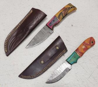 (2) Damascus Steel Fixed Blade Hunting Knives With Wood And Resin Handles And Sheaths