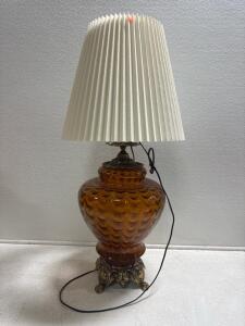 Vintage Amber Glass Table Lamp, Brass Base, Fabric Shades, Pull Chain
