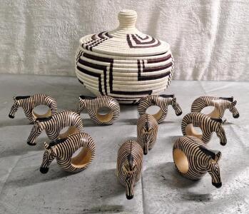 (1) Hand Woven Basket W/ Lid & (10) Hand Crafted Wooden Zebra Napkin Holders