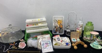 Sewing Container with Notions / Glass Cake Display / and More