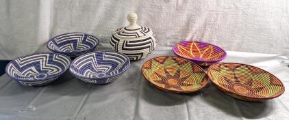 (1) Hand Woven Basket W/ Lid & (6) Assorted Hand Woven Baskets