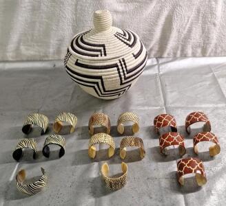 (1) Hand Woven Basket W/ Lid & (15) Animal Print Cuff Bracelets, (5) Zebra, (5) Leopard & (5) Gariffe