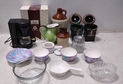 (2)Vintage Two-Tone Stoneware Crock Jug. Gevalian Kaffe Coffe Maker (4 Cups.) (2) Vintage Gevalia Kaffe Black Ceramic Coffee Canisters. +More.