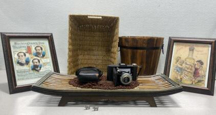 Vintage Kodak Camera / Baskets and Vintage Framed Ads
