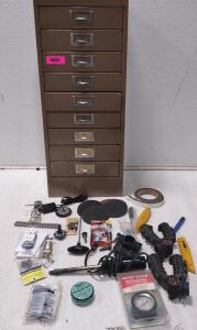 Shop Filing Cabinet' (30"x10"x12.5) And Everything That Was In It. + A Soldering Iron, & Accu-Gage Professional Tire Pressure Gage..