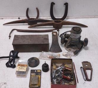 1/3 HP Penncraft Router (Turns On And Works.) (2) Pick Axe Heads, (2) Lucky Horseshoes, An Axe Head, & More.