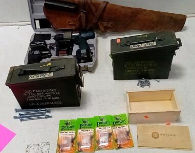 Mounted Rifle Case. Ryobi 9.6 Volt Drill With Case (Turns On.) 2 Ammo Cannisters. (4) Primos Elk Hunting Calls. + More.