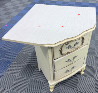 Vintage Cream Nightstand with Gold Accents, 3 Drawers, Serial 69.223.71.10.9.1 dimensions 24 x 20 x 25 inches (61 x 51 x 64 cm)