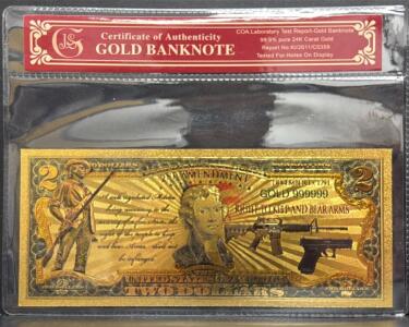 24K Gold-Plated $2 Bill Replica, Serial GOLD 990999, COA Included