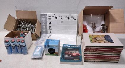 (LOT Of 9) Better Bubble Gas Leak Detector. Box of Display Hangers. (2) Weekly Cloth Calendars. Wall Lamp + More.