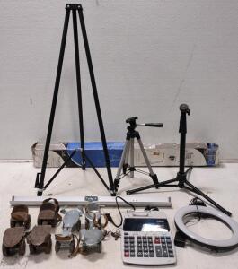 (2) Tripods. Flip chart Holder. (2) Antique Roller Skates.+ More.