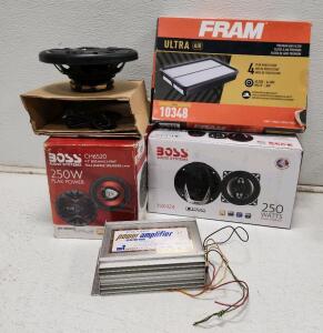 (1) Electri-Vox Model PA-225 Auto Stereo Power Amplifier (1) BOSS Audio Systems CH6520 Chaos Series 6.5 Inch 2-Way Full Range Car Speakers (1) Boss Audio Systems NX424 Onyx 4" 4-Way 250W Full Range Speaker (1) FRAM Ultra Air apremium Engine Air Filter