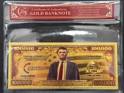 Charles Kirk Commemorative Gold Banknote, 24K Gold Plated, COA