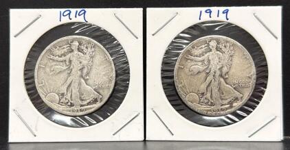 (2) 1919 Walking Liberty Half Dollar Coins, 90% Silver, U.S. Mint
