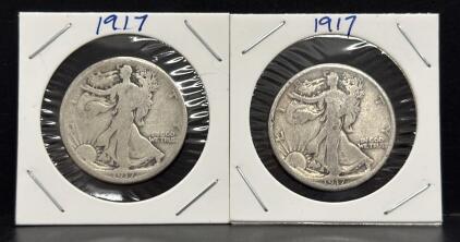 (2) 1917 Walking Liberty Half Dollar Coins Silver, Designed by Adolph A. Weinman