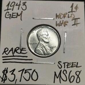 1943 MS68 Rare World War II Gem Steel Cent