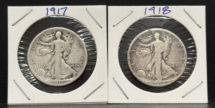 1917 & 1918 Walking Liberty Half Dollar Coins, 90% Silver, Designed by Adolph A. Weinman