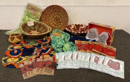 Full Circle Exchange Rwanda Handmade African Woven Goods Including Baskets, Aprons, Sarong, Fabric Bag, Scarf, Ornaments, Cards And More