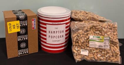 Snack Lot (6) 5.7oz Jars If Castel Vetrano Italian Olives (1) Tub Hampton Special Edition Popcorn (6) Bags Eilliens Peanuts Salted In Shell