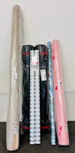 (2) Rolls Of Leather Table Cover/ Protector, (1) Roll Of Floral Privacy Window Film, Striped Wrapping Paper, and Pair Of Expandable Poster Tubes