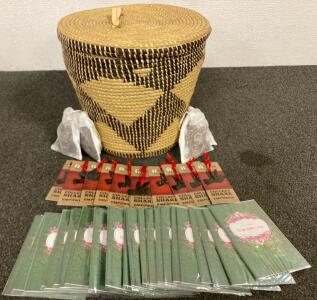 Large Handmade Rwanda Woven Basket With Lid And Various Ornaments And Mothers Day Cards