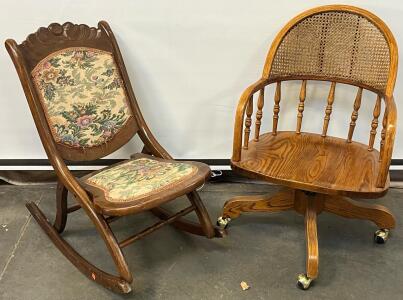 Antique Rocking Chair W/ Floral Upholstery & Cane Back Office Chair