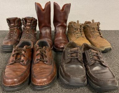 Pair Of Leather GBX Work Boots Size Unknown, Pair Of Georgia Leather Boots Size 9.5, Leather Sketcher Boots Size 10, Pair Of Nunn Bush Leather Loafers Size 9, And Pair Of Leather Sketcher Loafers Size 9.5